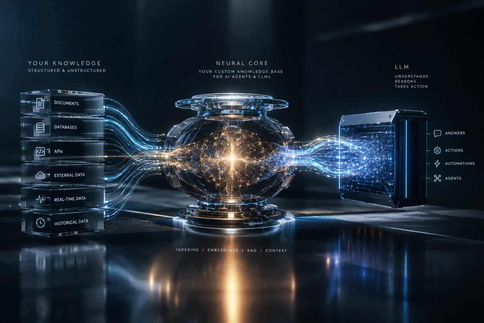 Schema van de AirVoice Neural Core: jouw kennisbronnen stromen via indexering, embeddings en context naar een taalmodel dat antwoorden, acties, automatisaties en agents oplevert